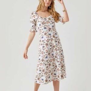 Audrey Parks Floral Puff Sleeve Linen Blend Sweetheart Midi Cottagecore Dress M